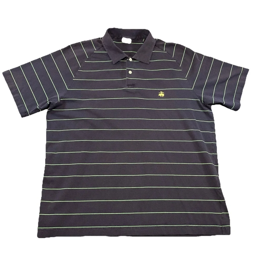 Brooks Brothers Men's Dark Blue with Green Stripes Short Sleeve Polo Shirt XL